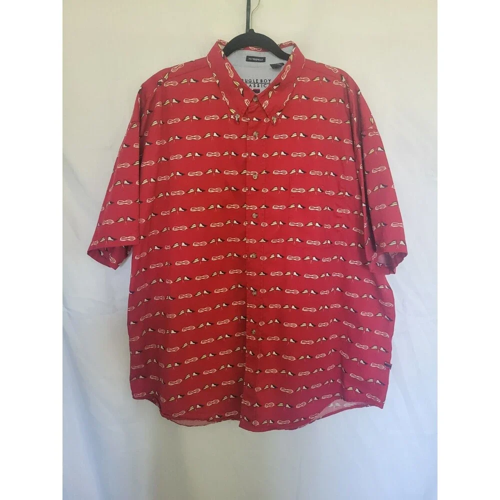 Vintage Bugle Boy Button Down Mens XXL Red W/Flag Short Sleeve Casual No Wrinkle - Picture 1 of 9
